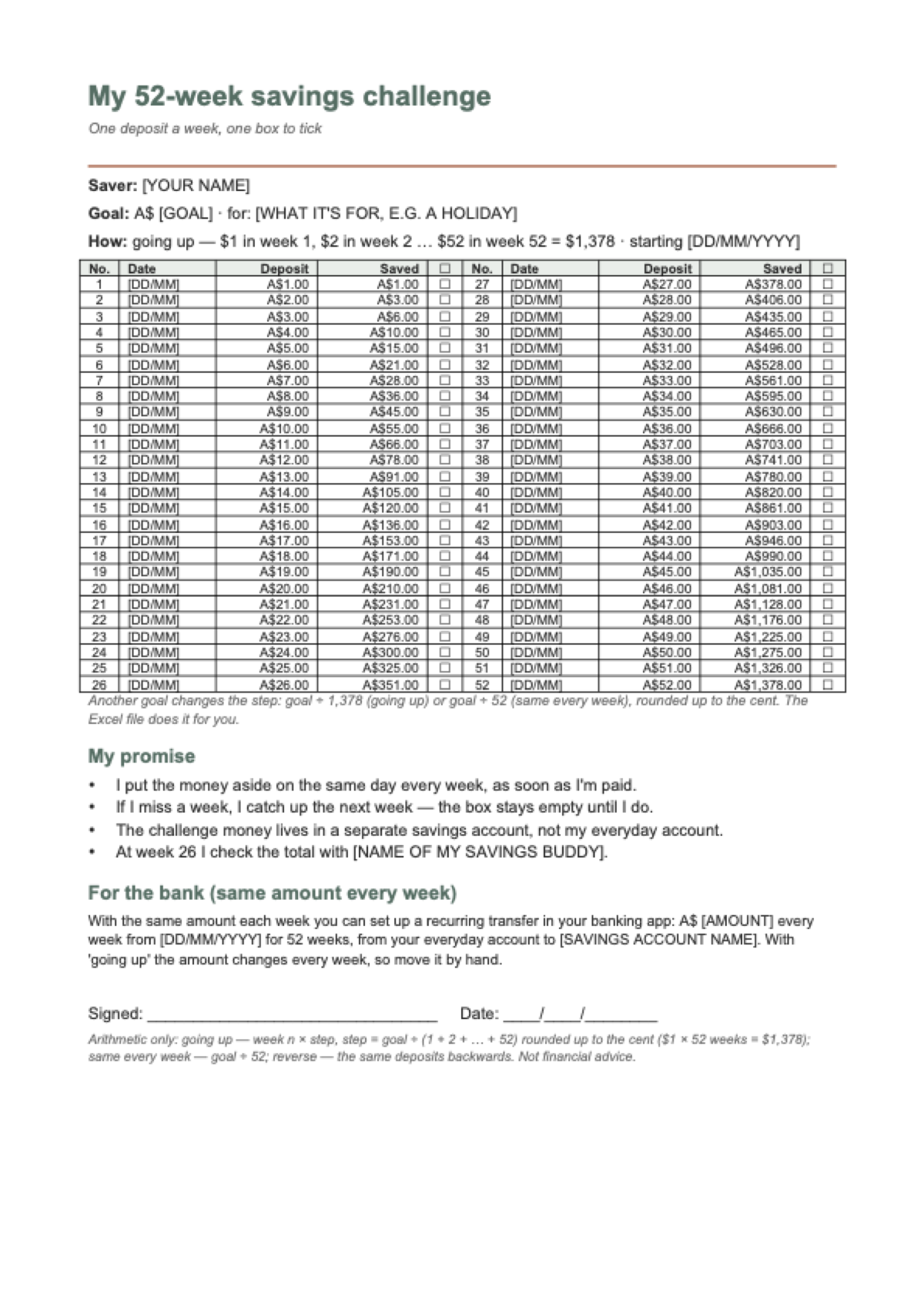 52 week savings challenge: first page
