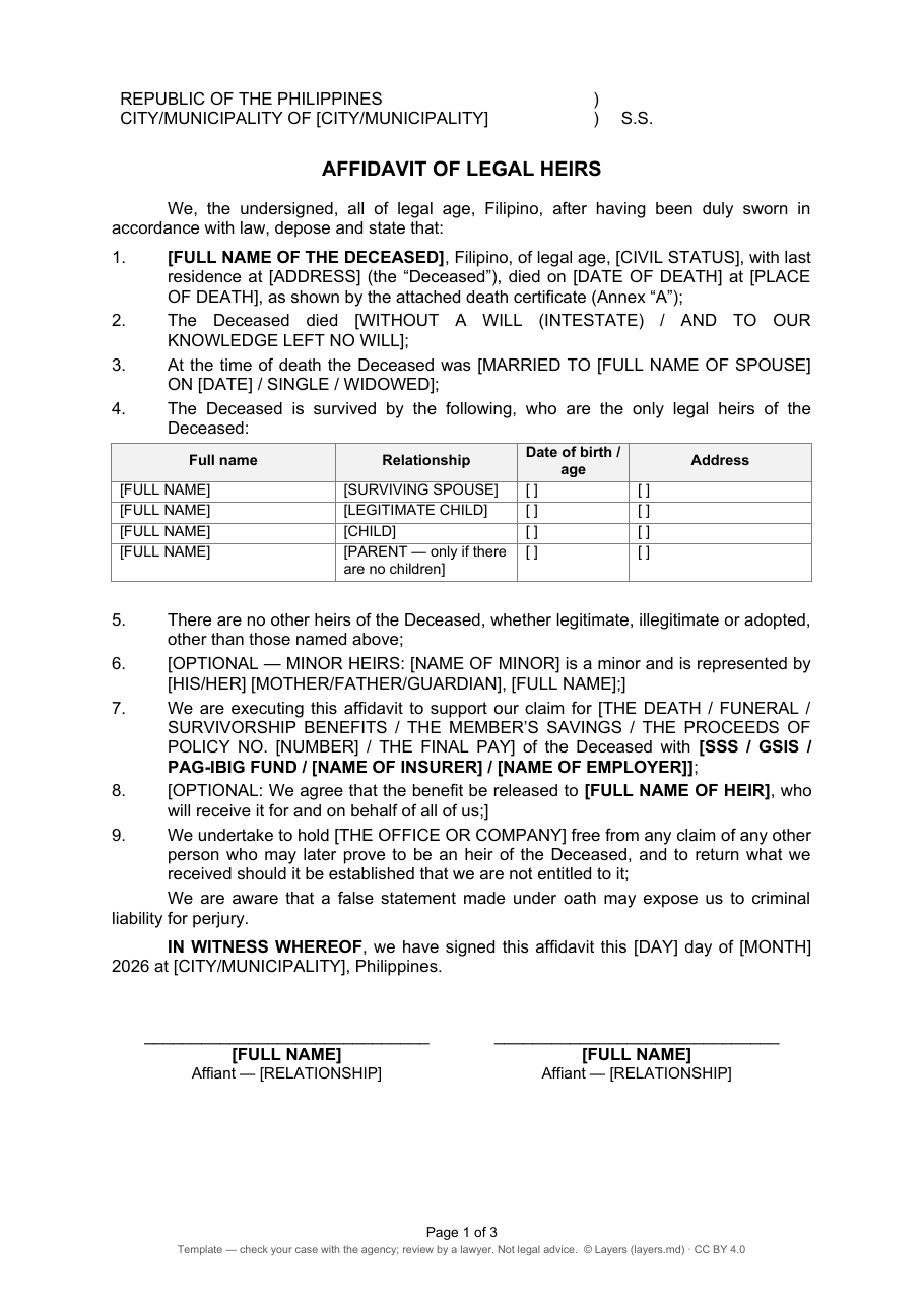 Affidavit of legal heirs: first page