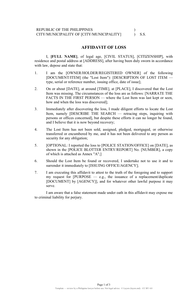 Affidavit of Loss (Philippines): first page