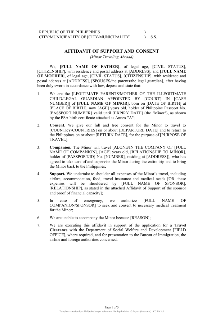 Affidavit of Support and Consent — minor travel: first page