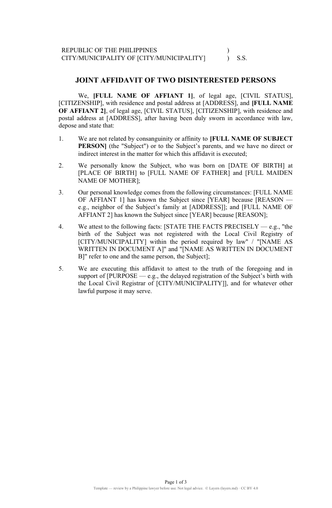 Affidavit of Two Disinterested Persons: first page