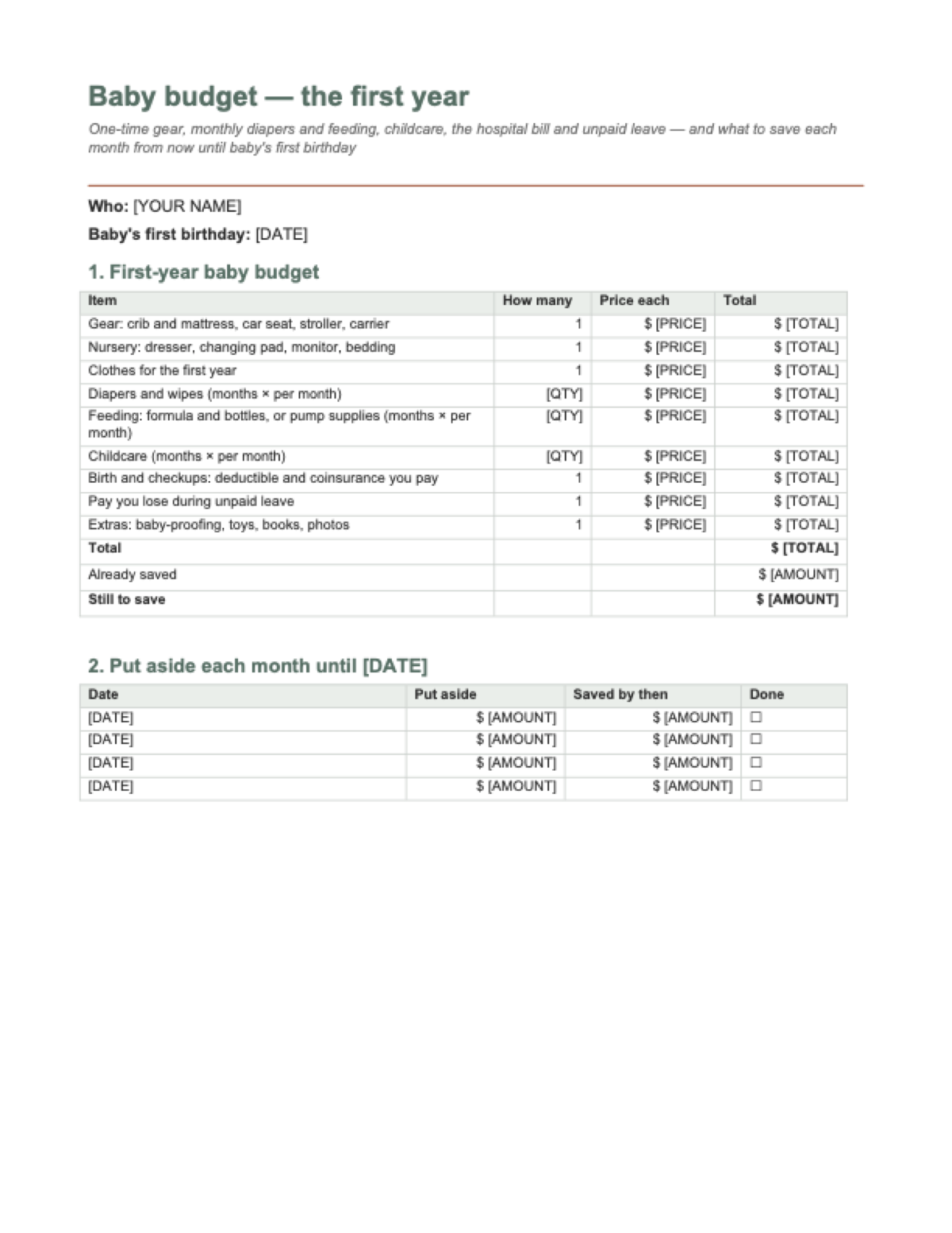 Baby budget for the first year: first page