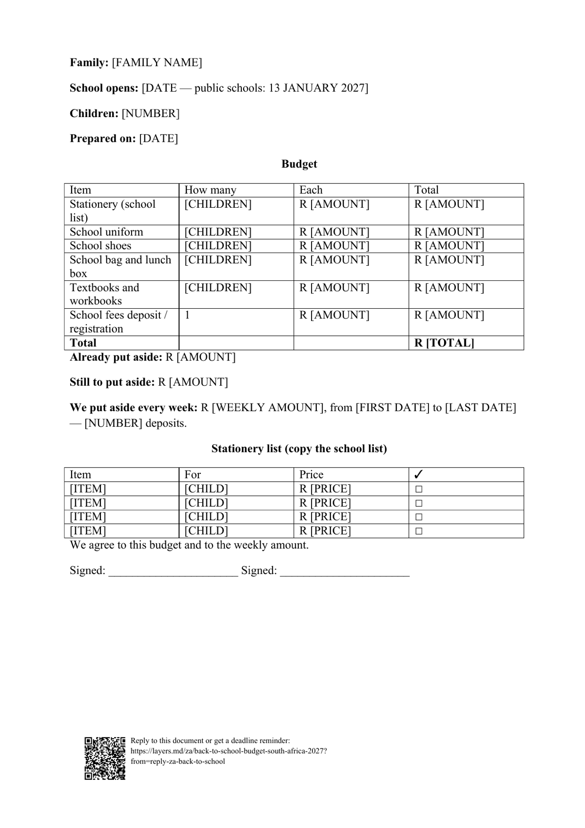 Back to school budget 2027: first page