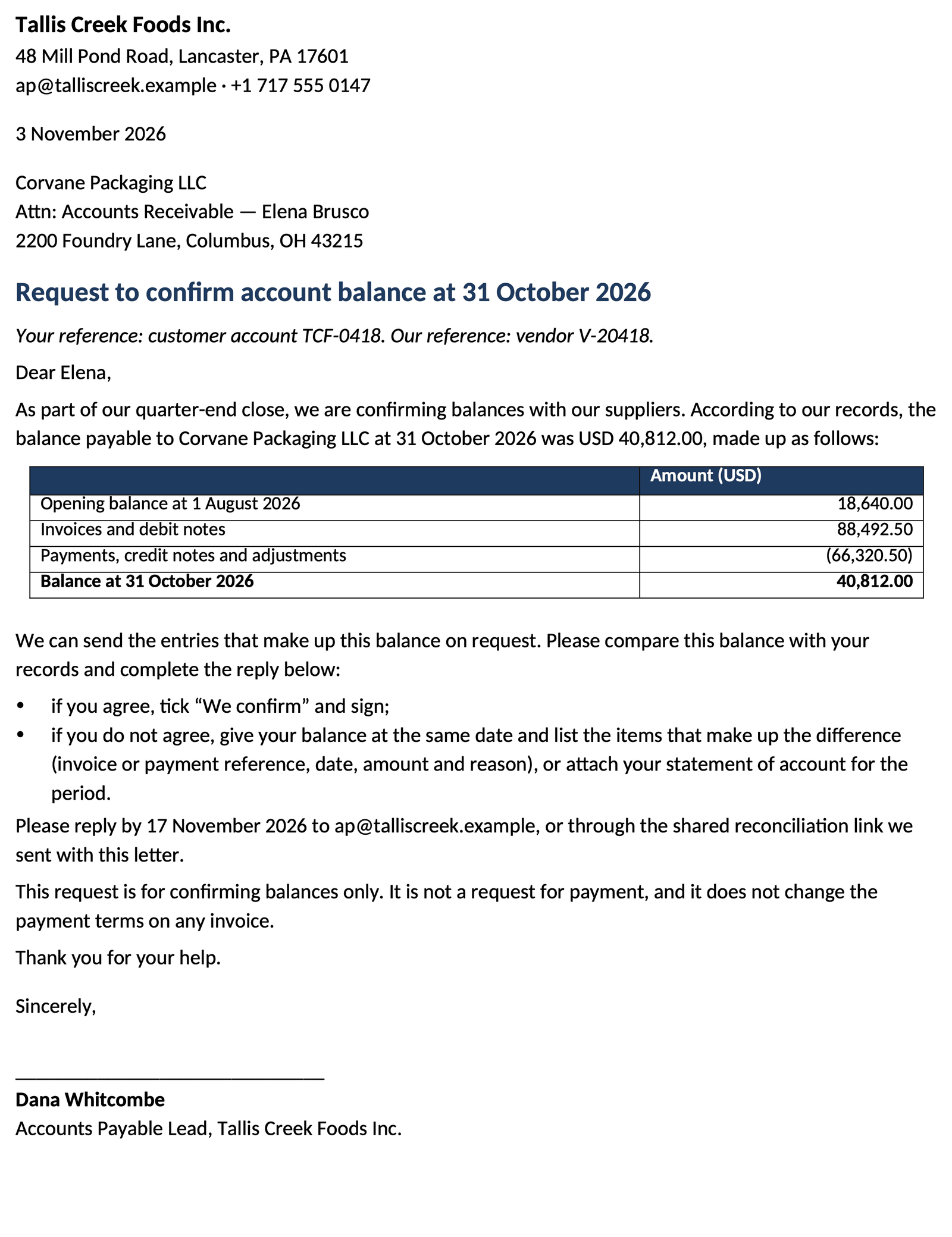 Balance confirmation letter with a reply slip: first page