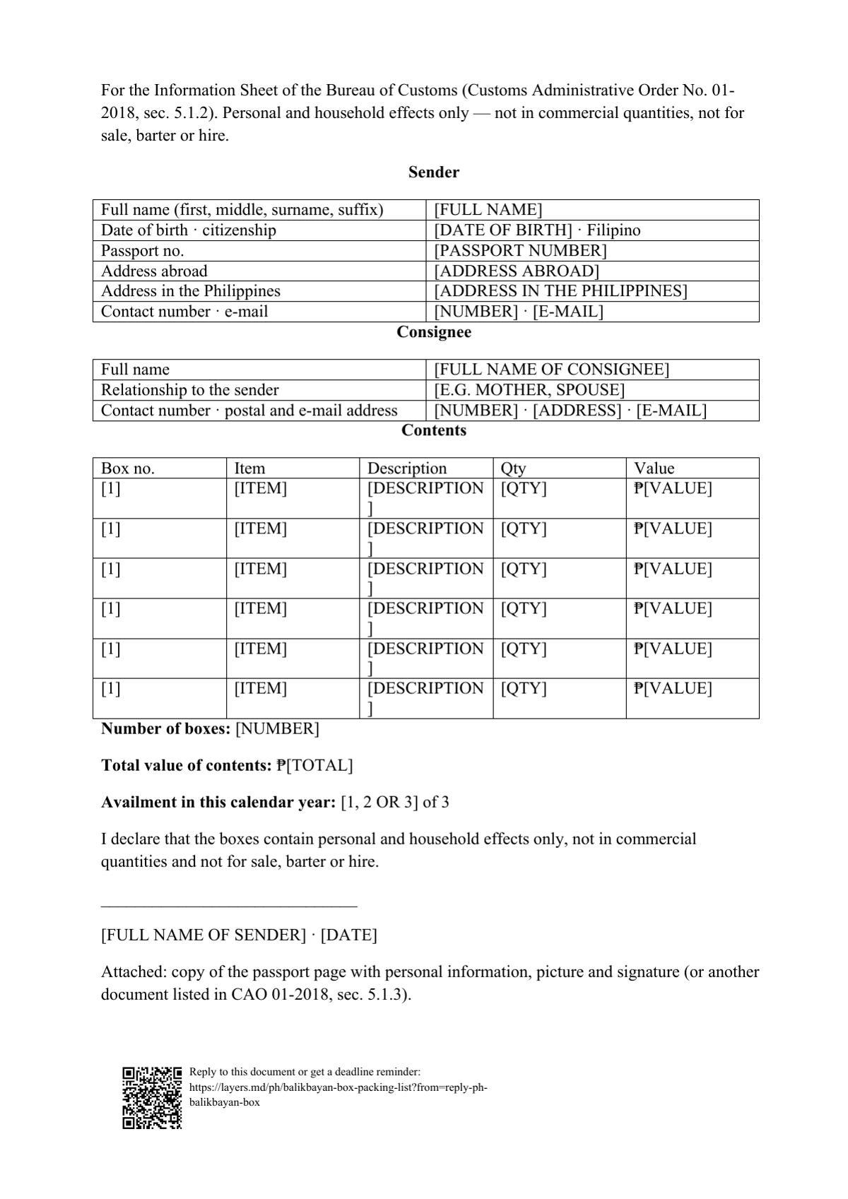 Balikbayan box packing list: first page