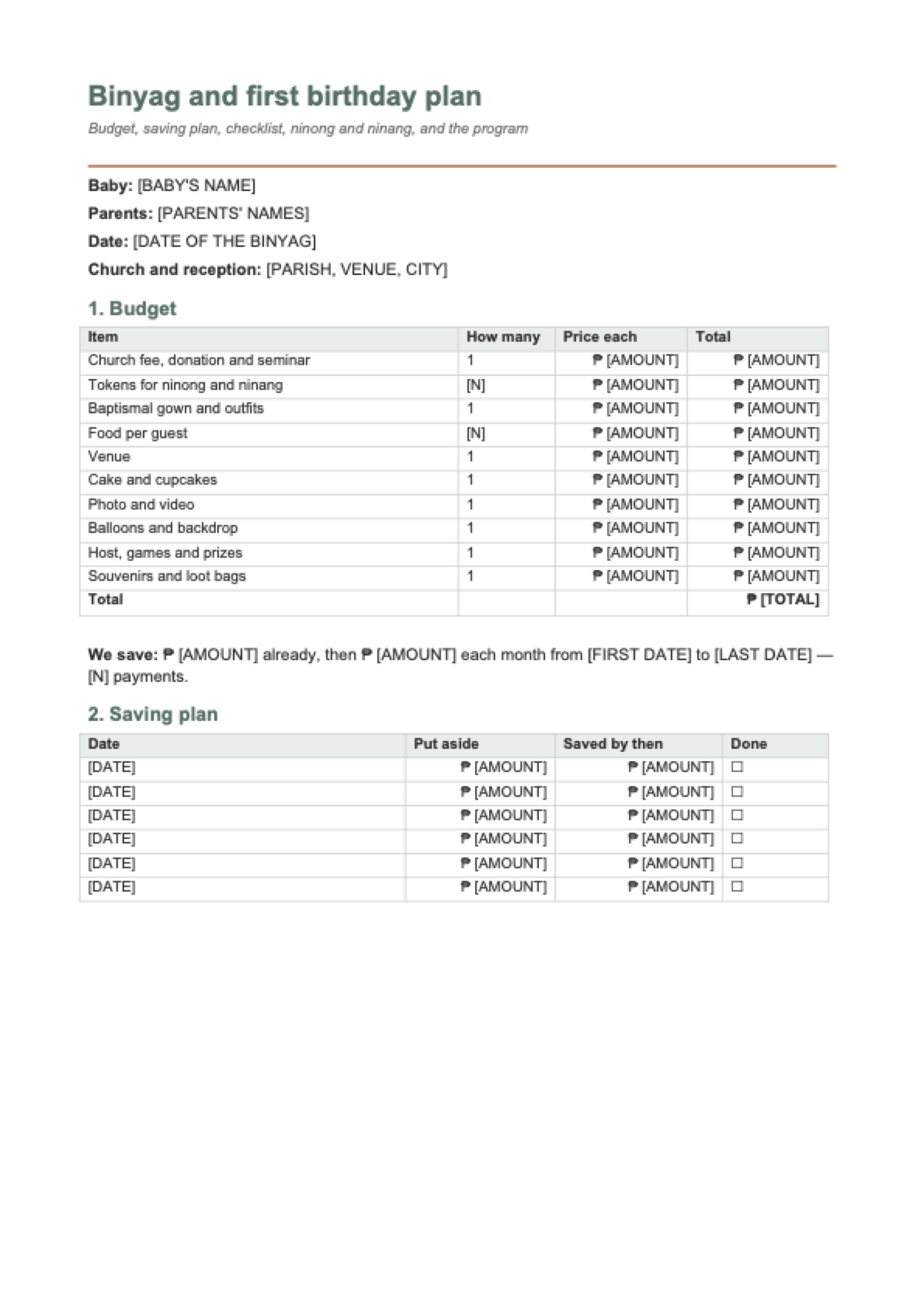 Binyag and first birthday budget: first page