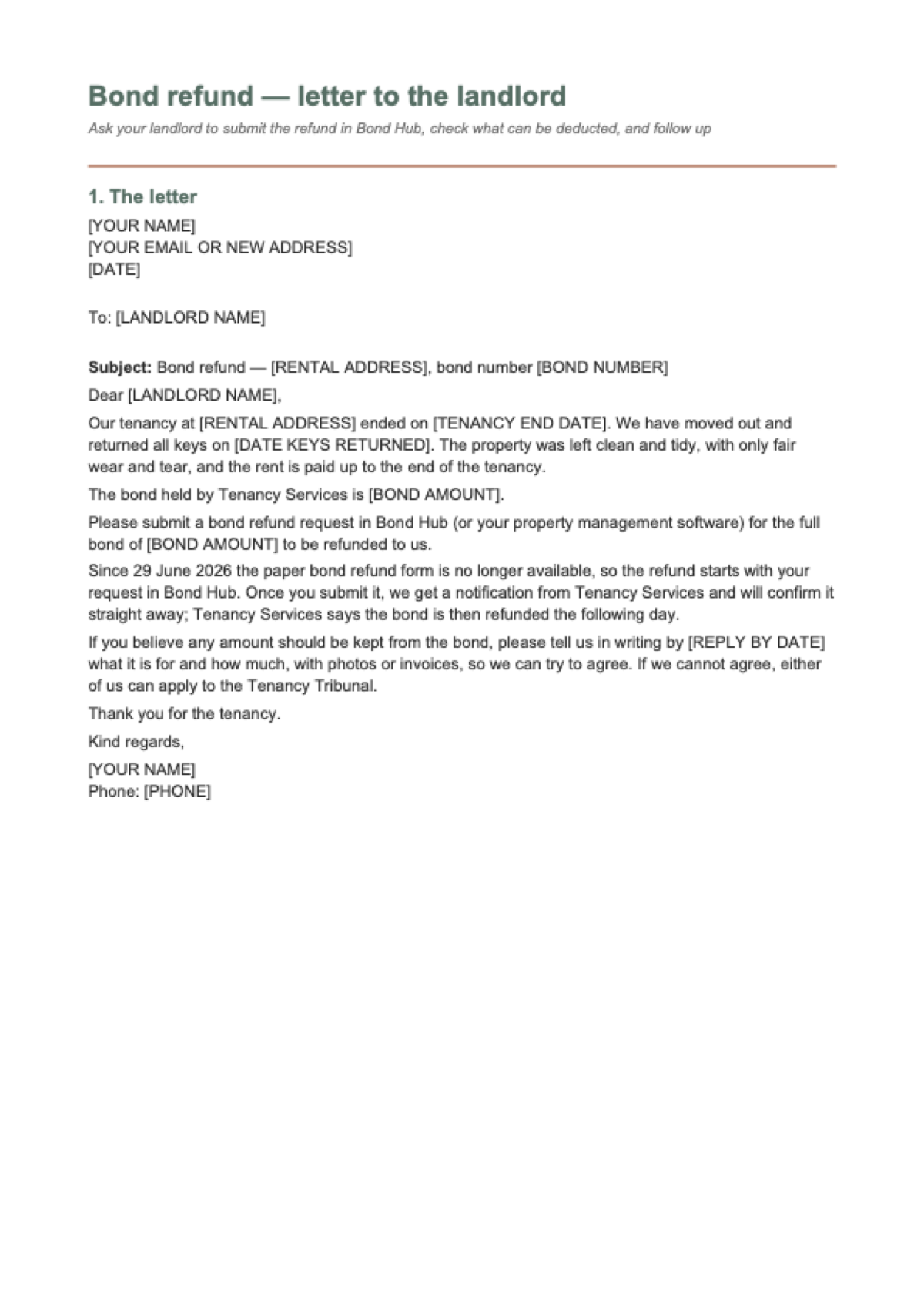Bond refund NZ: first page