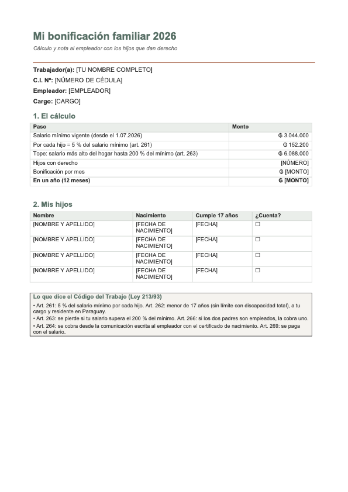 Bonificación familiar Paraguay 2026: first page