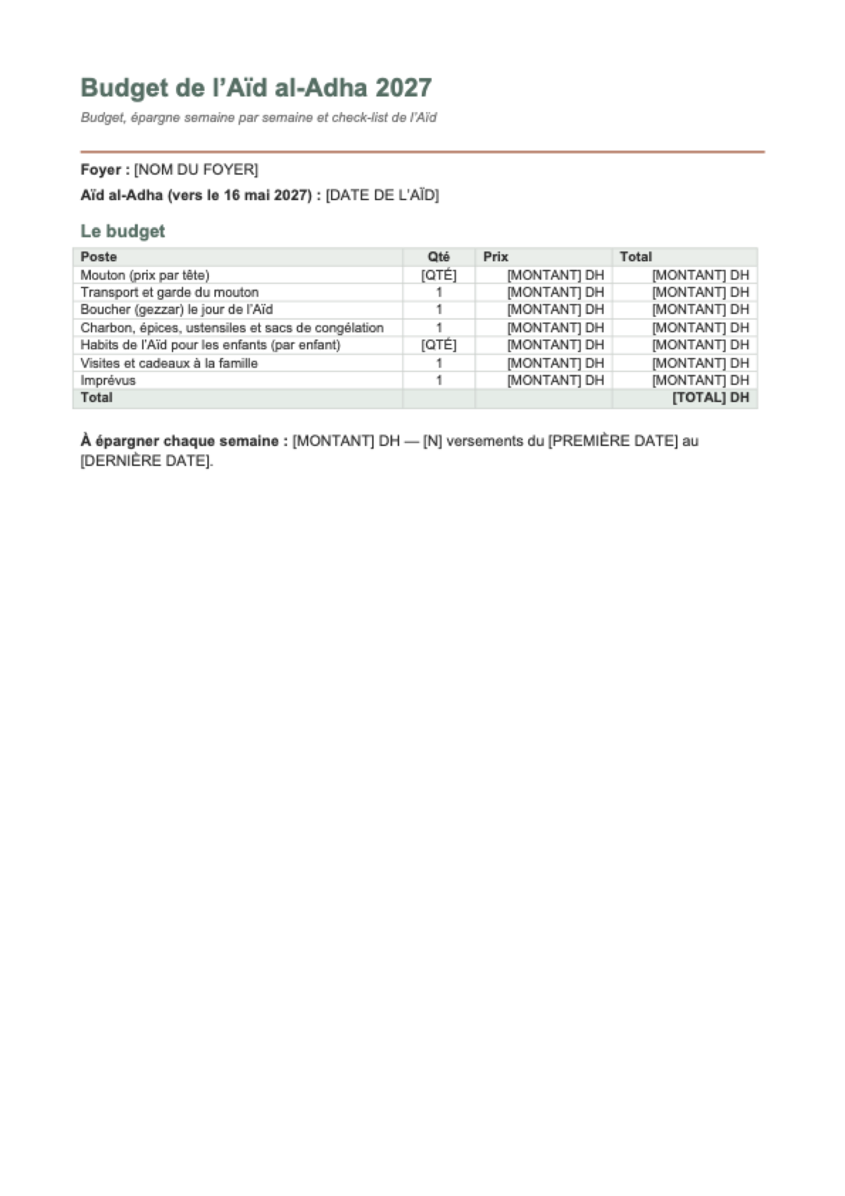 Budget Aïd al-Adha 2027: first page