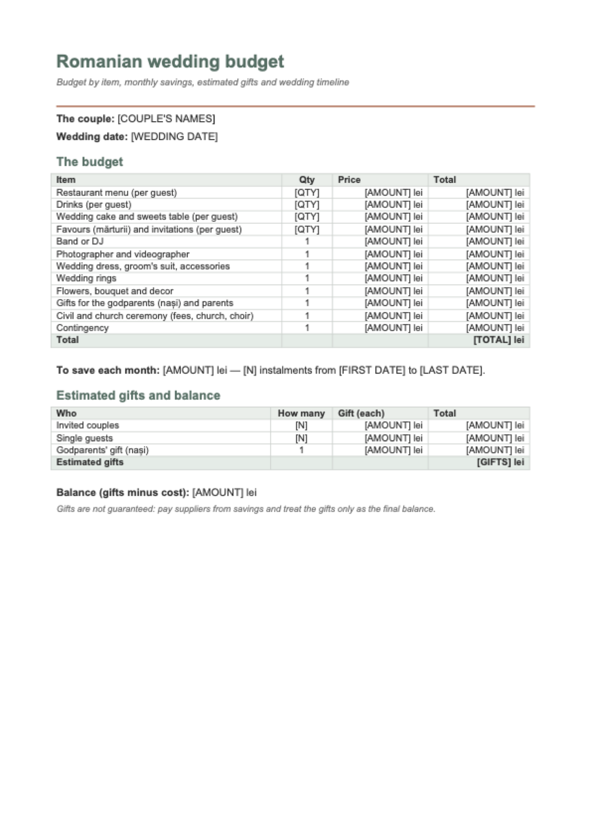 Romanian wedding budget: first page