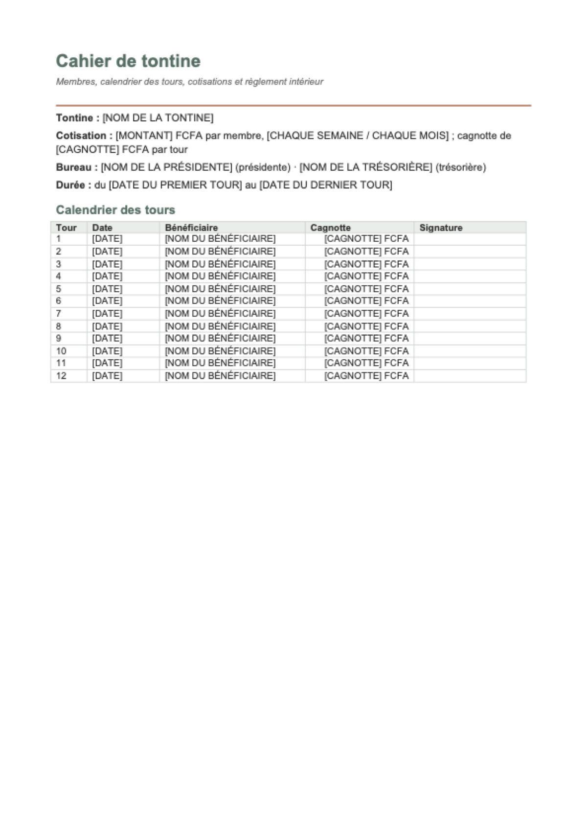 Cahier de tontine: first page