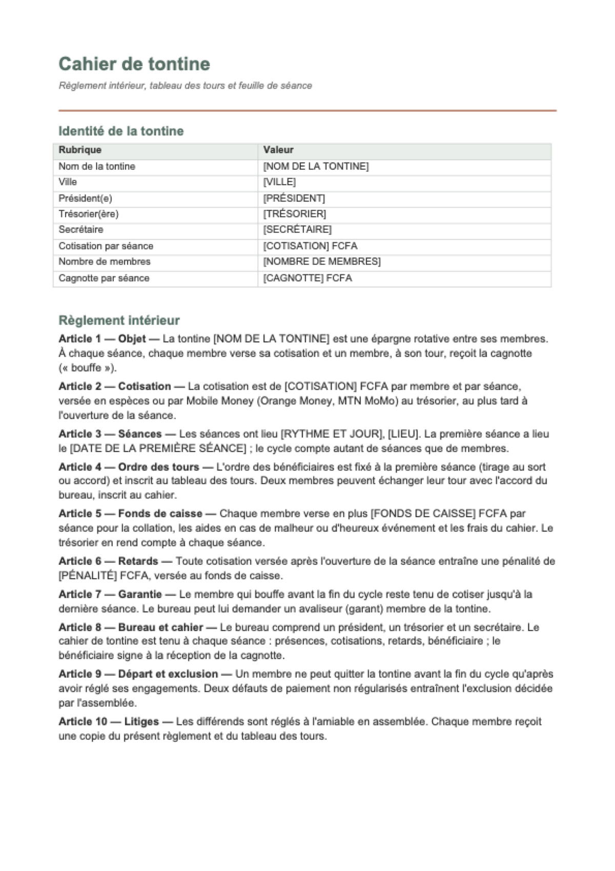 Cahier de tontine: first page
