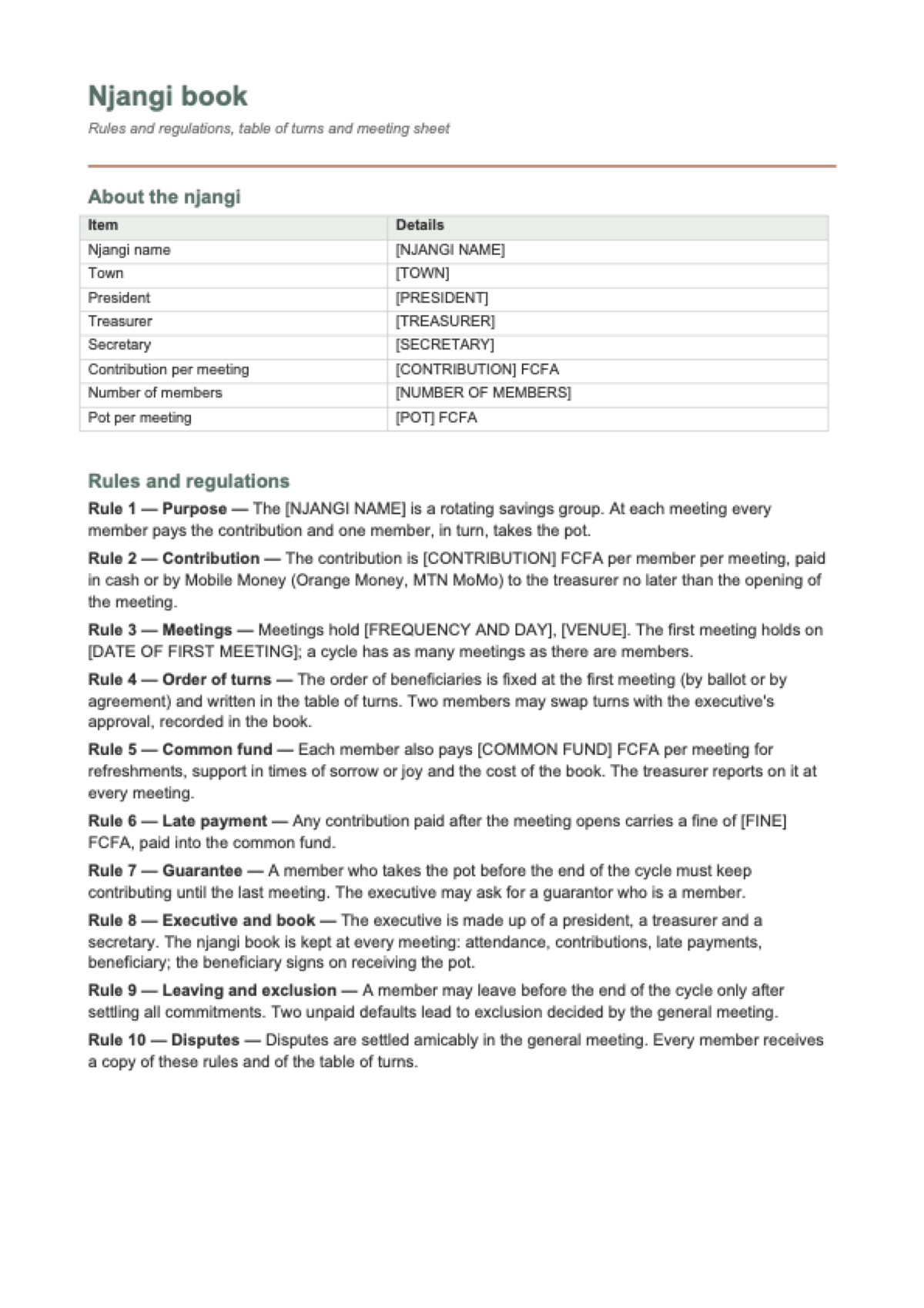 Njangi rules and regulations: first page