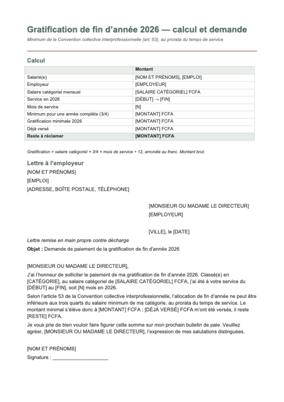 Calcul de la gratification en Côte d’Ivoire: first page