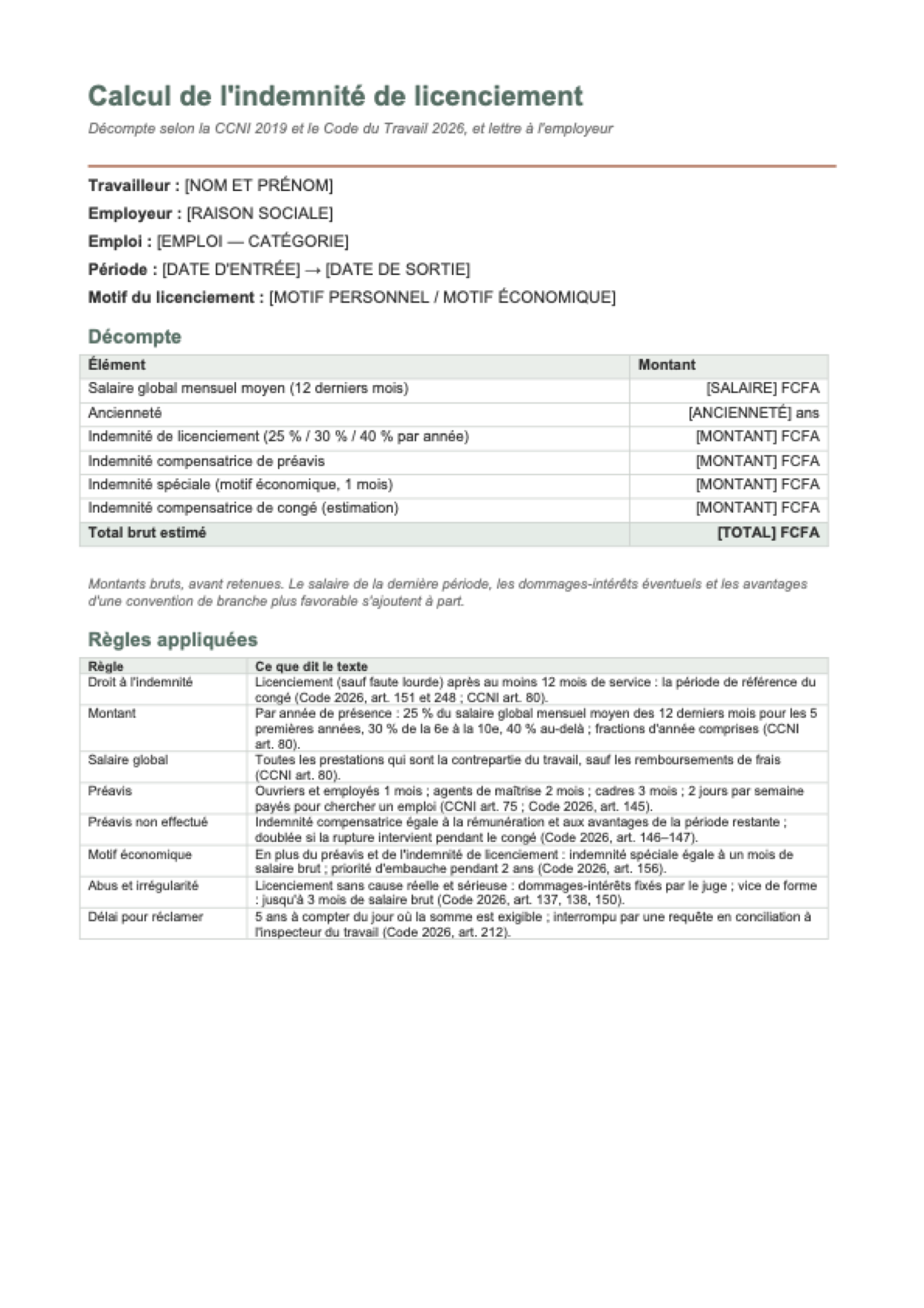 Calcul de l’indemnité de licenciement au Sénégal: first page