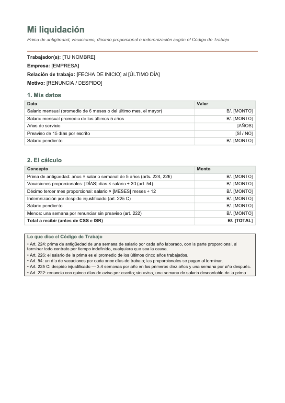 Calculadora de liquidación Panamá: first page