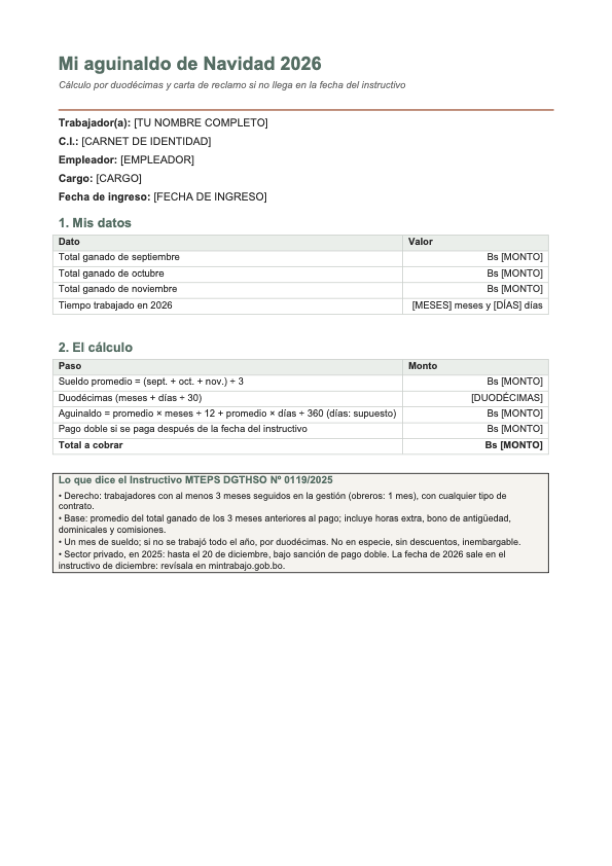 Calcular aguinaldo Bolivia 2026: first page