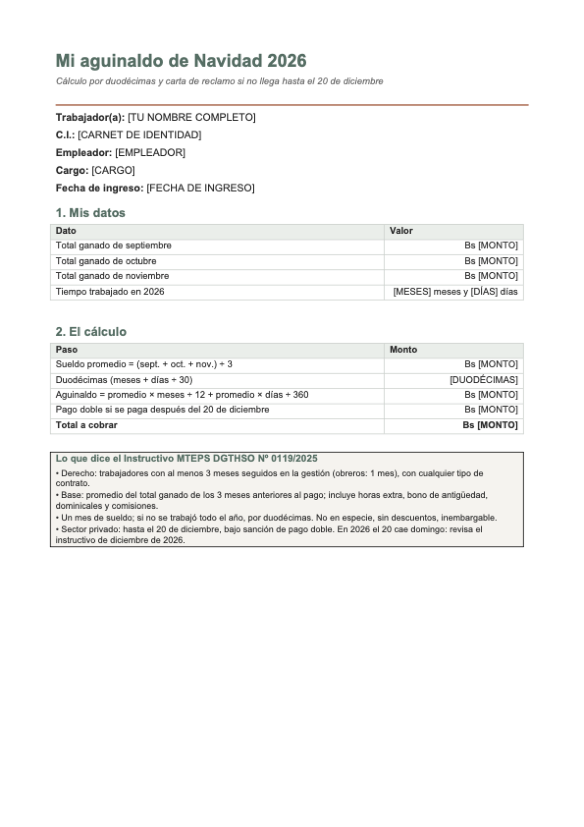 Calcular aguinaldo Bolivia 2026: first page
