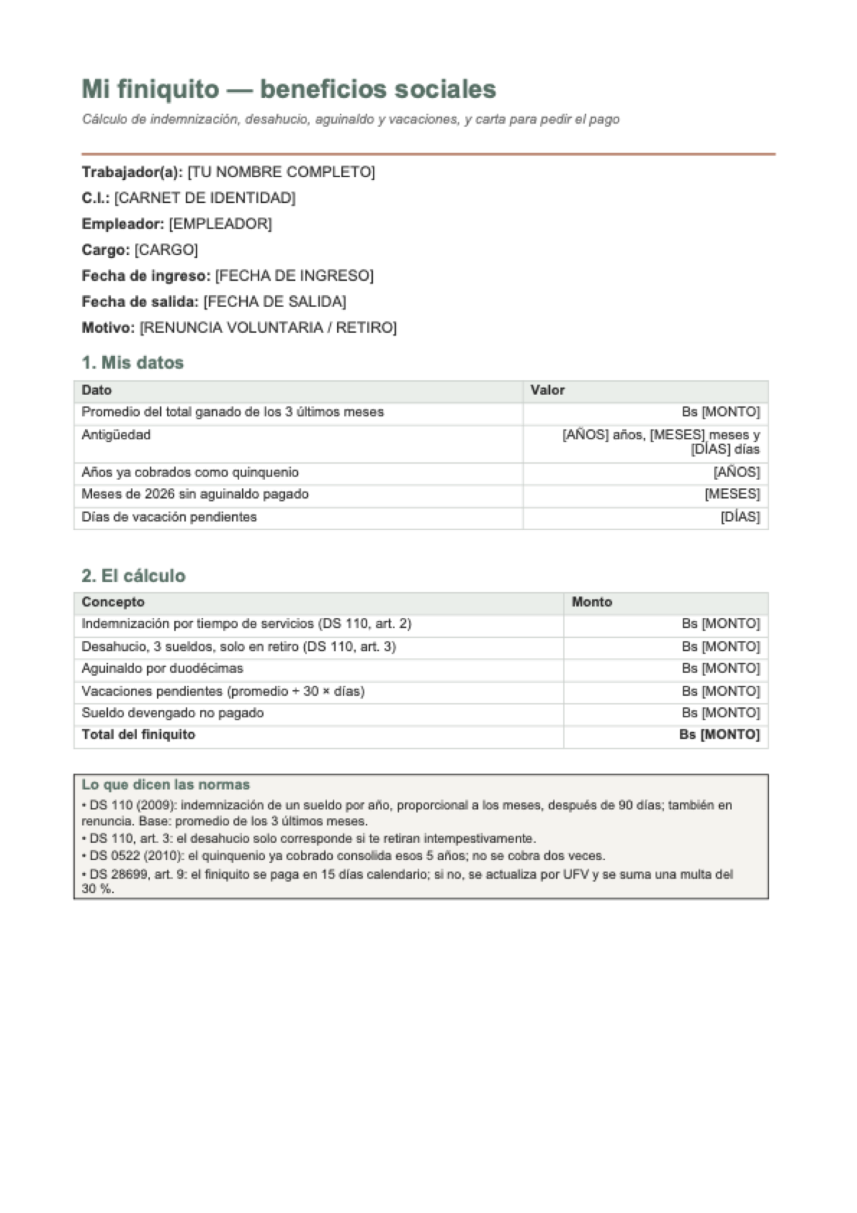 Calcular finiquito Bolivia: first page
