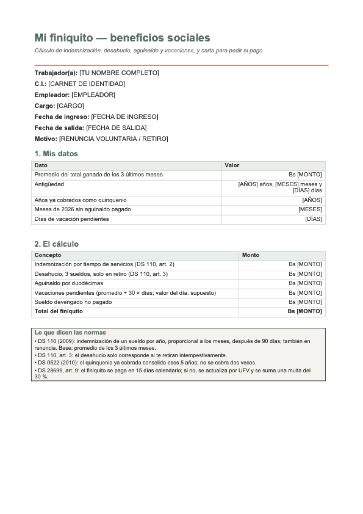 Calcular finiquito Bolivia: first page