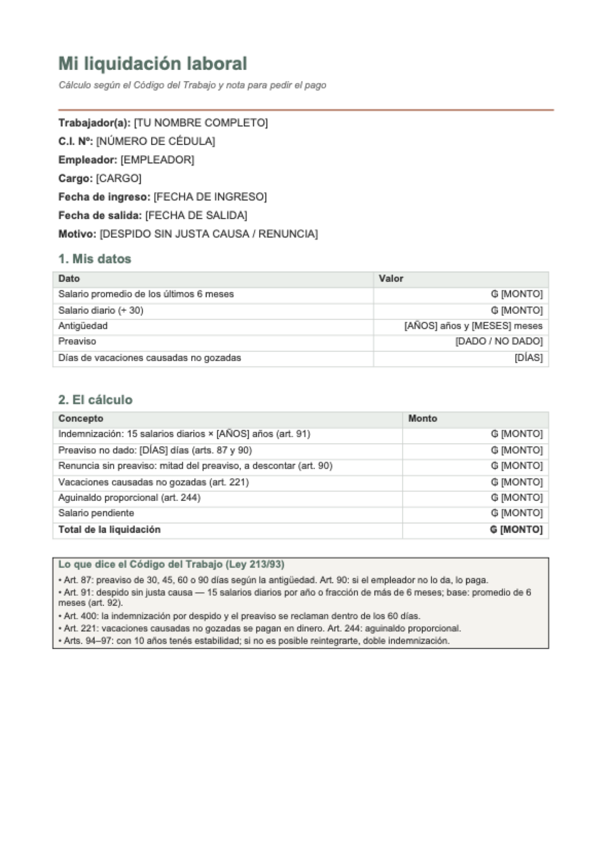 Calcular liquidación laboral Paraguay: first page