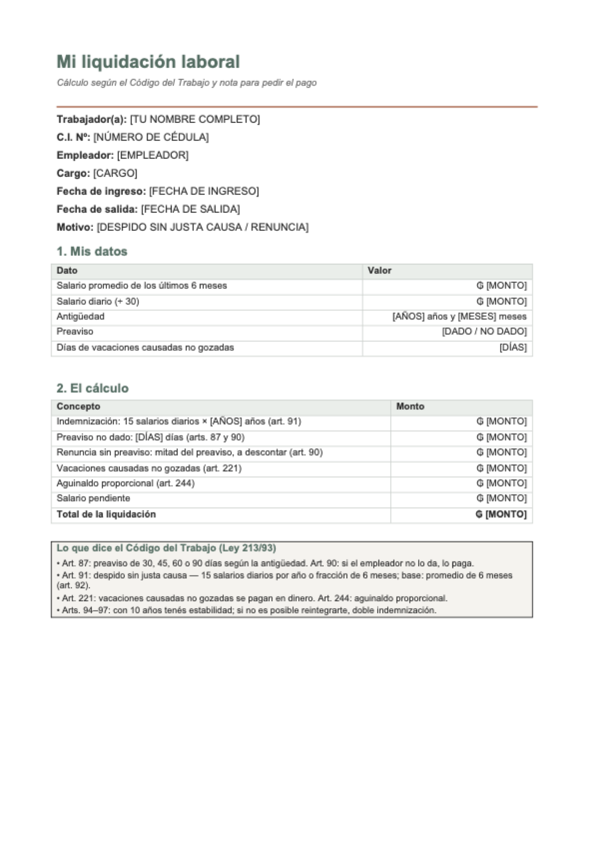 Calcular liquidación laboral Paraguay: first page