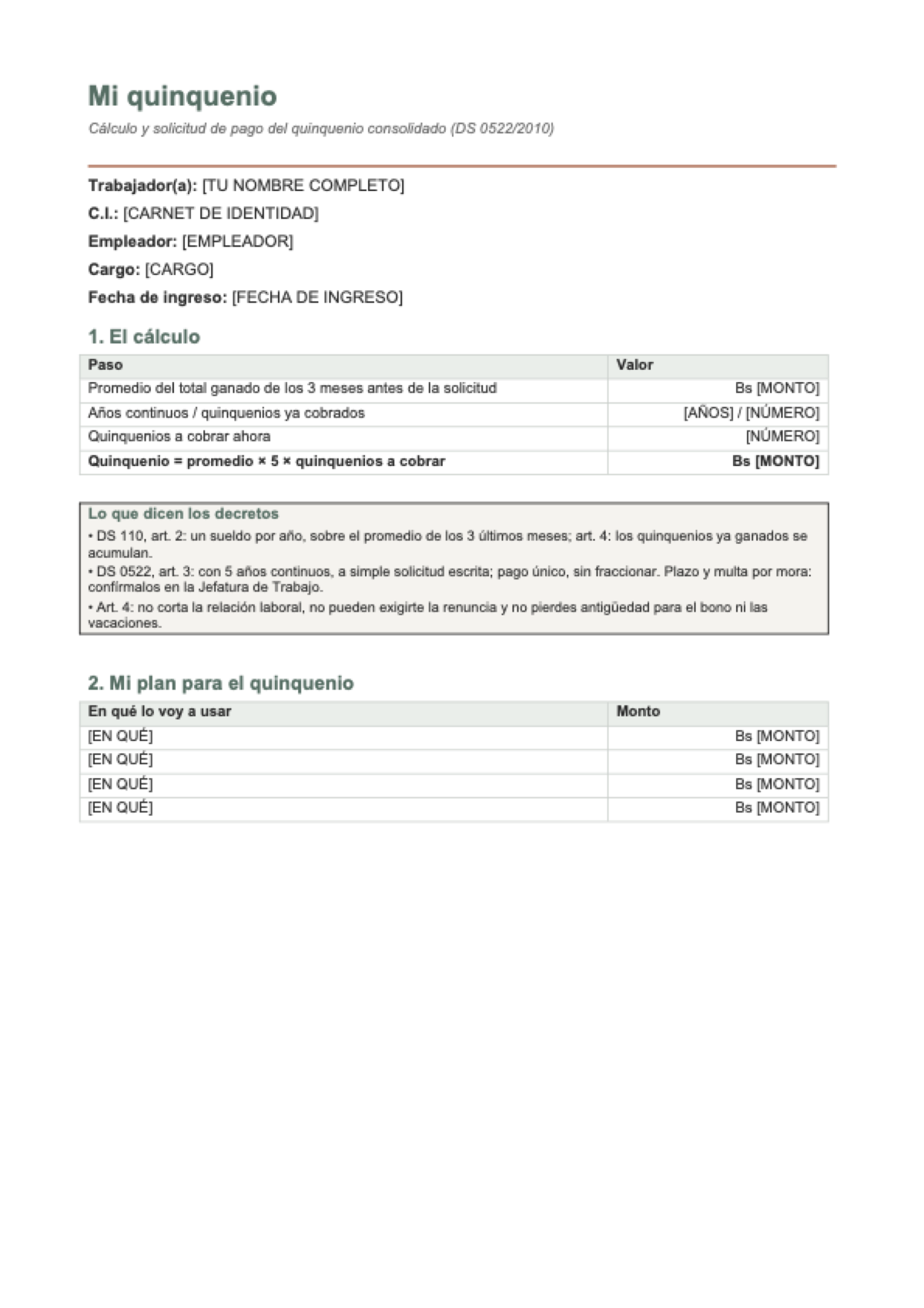 Calcular quinquenio Bolivia: first page