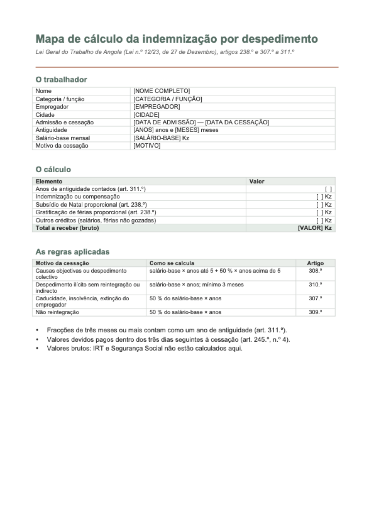 Cálculo de indemnização por despedimento em Angola: first page