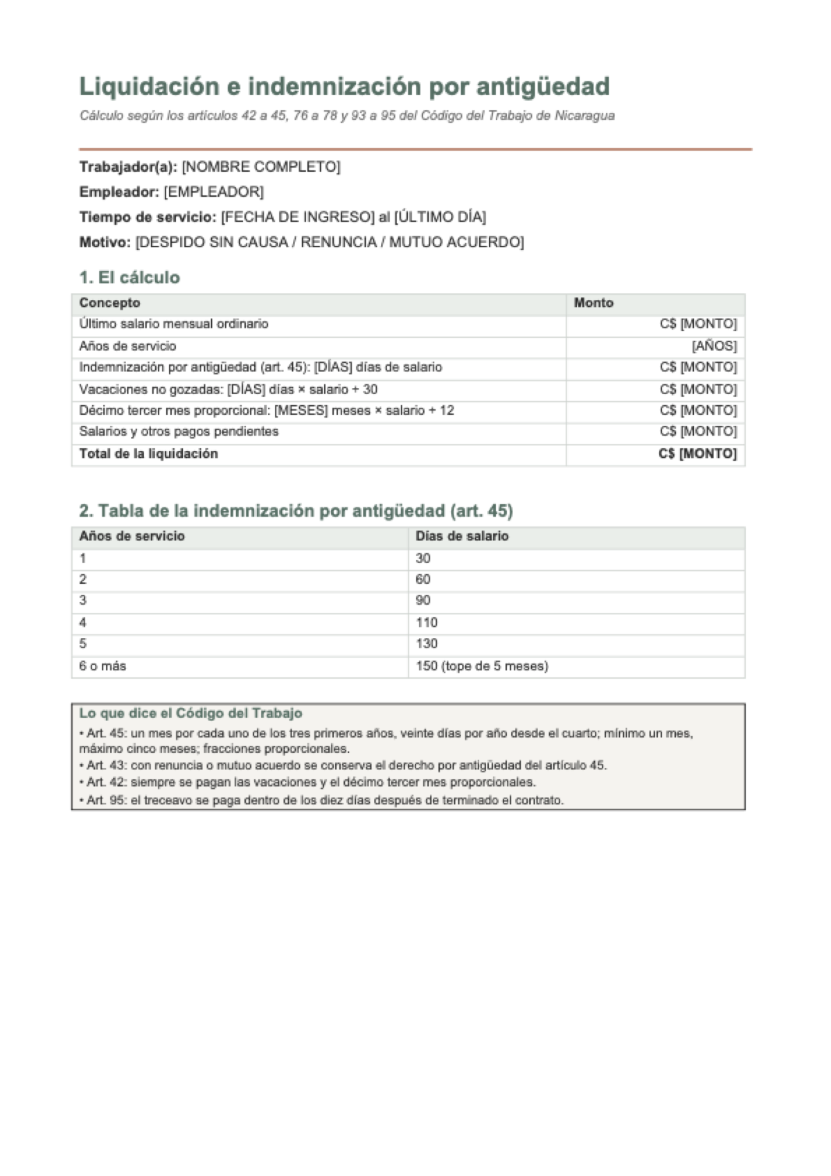 Cálculo de liquidación Nicaragua: first page