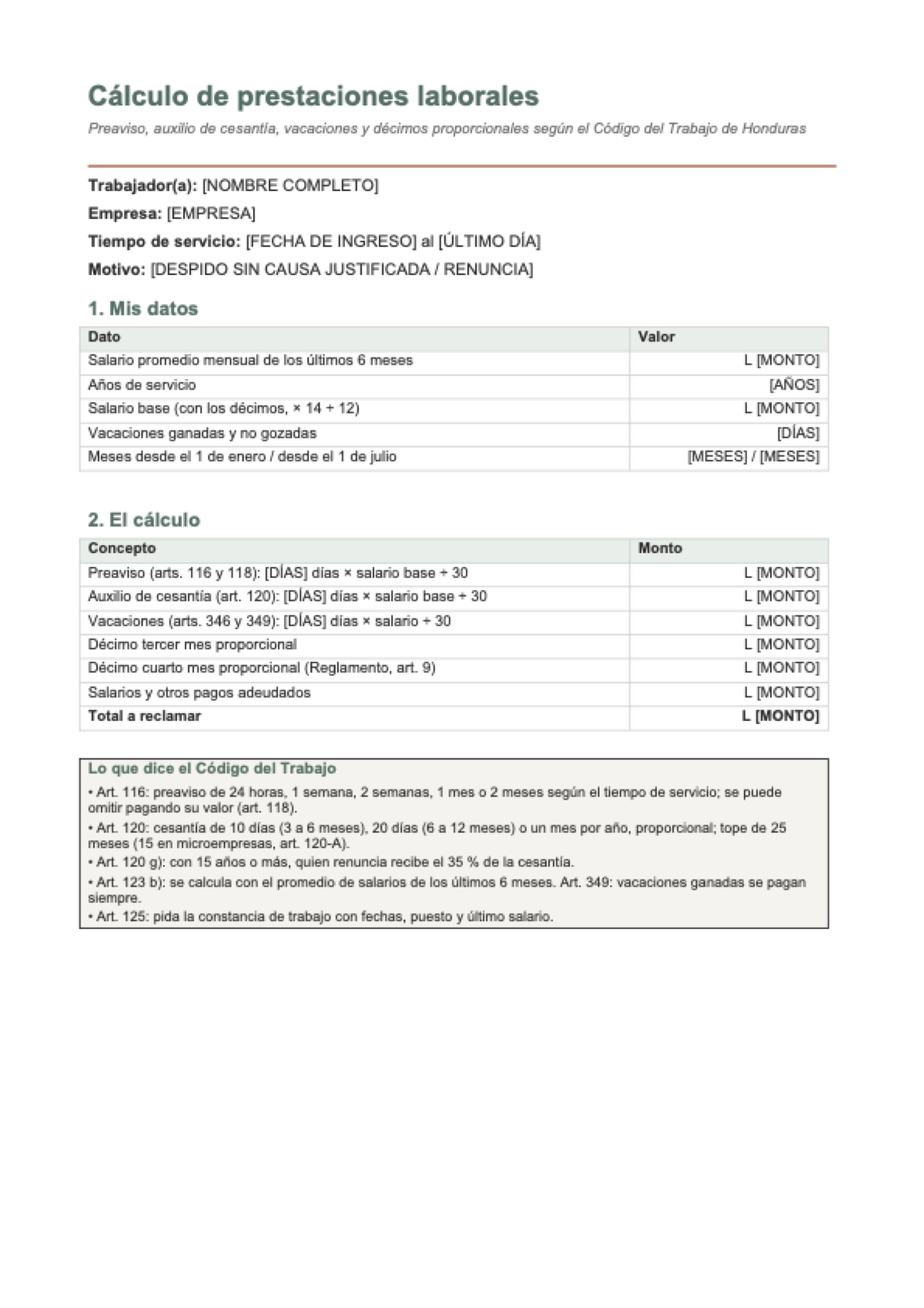 Cálculo de prestaciones laborales Honduras: first page