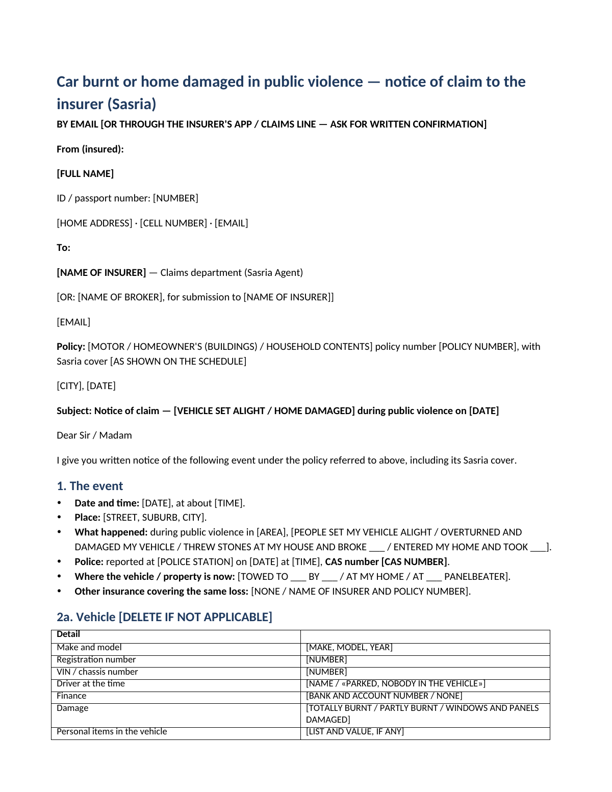 Car burnt or home damaged: first page