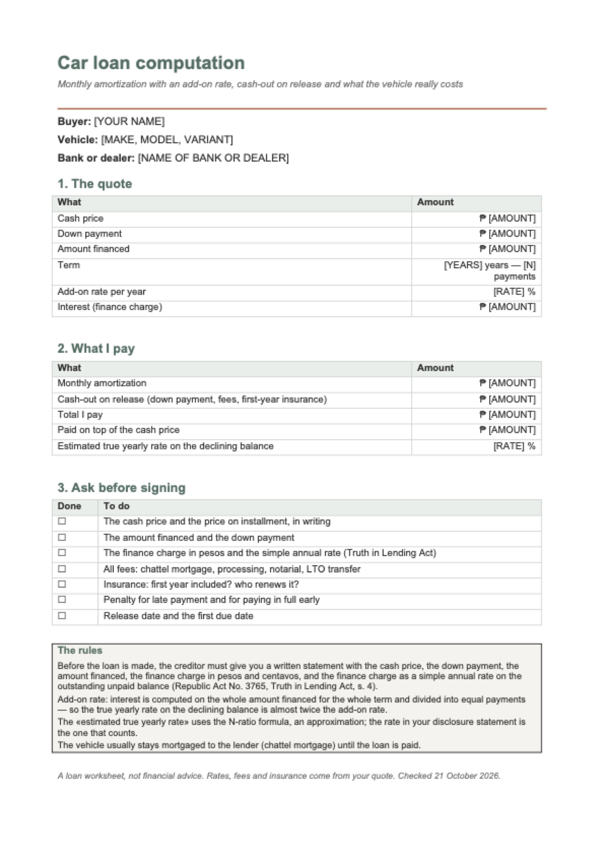 Car loan calculator Philippines: first page