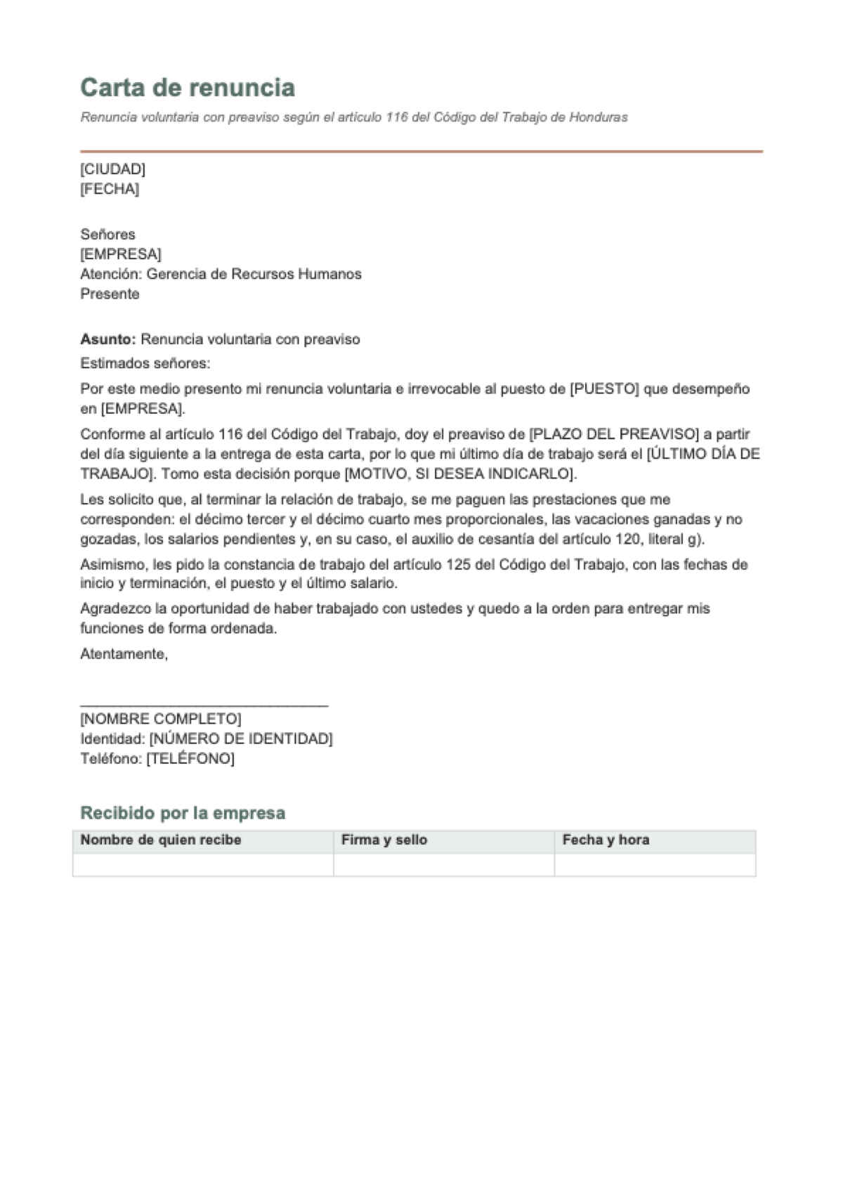 Carta de renuncia Honduras: first page