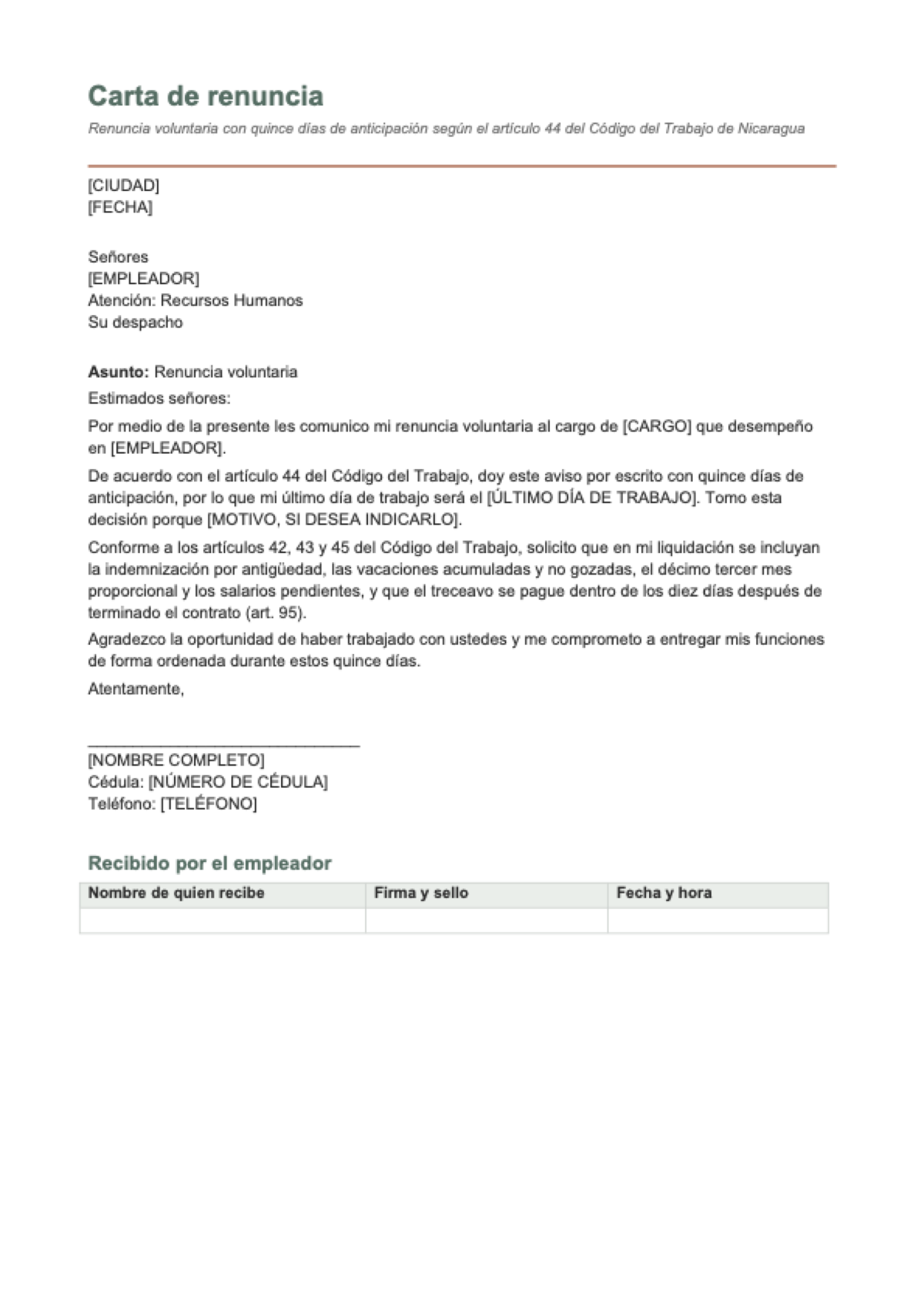 Carta de renuncia Nicaragua: first page