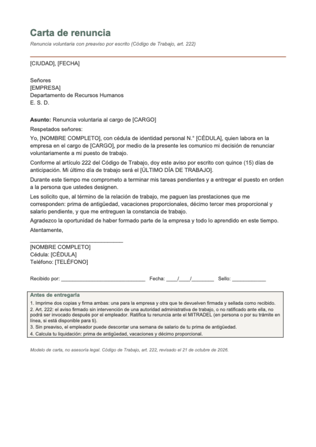 Carta de renuncia Panamá: first page