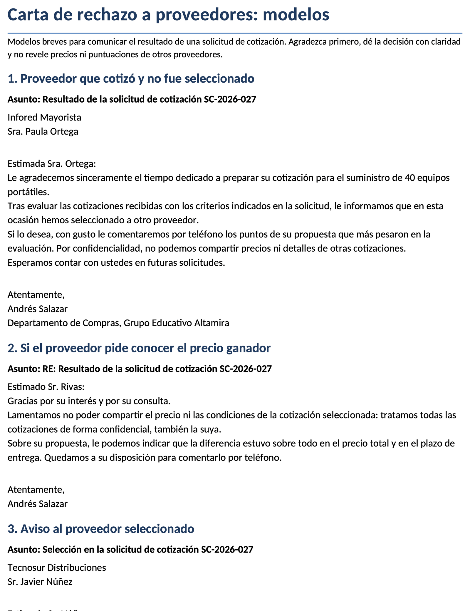 Carta de rechazo a proveedores, cordial y sin precios ajenos: first page