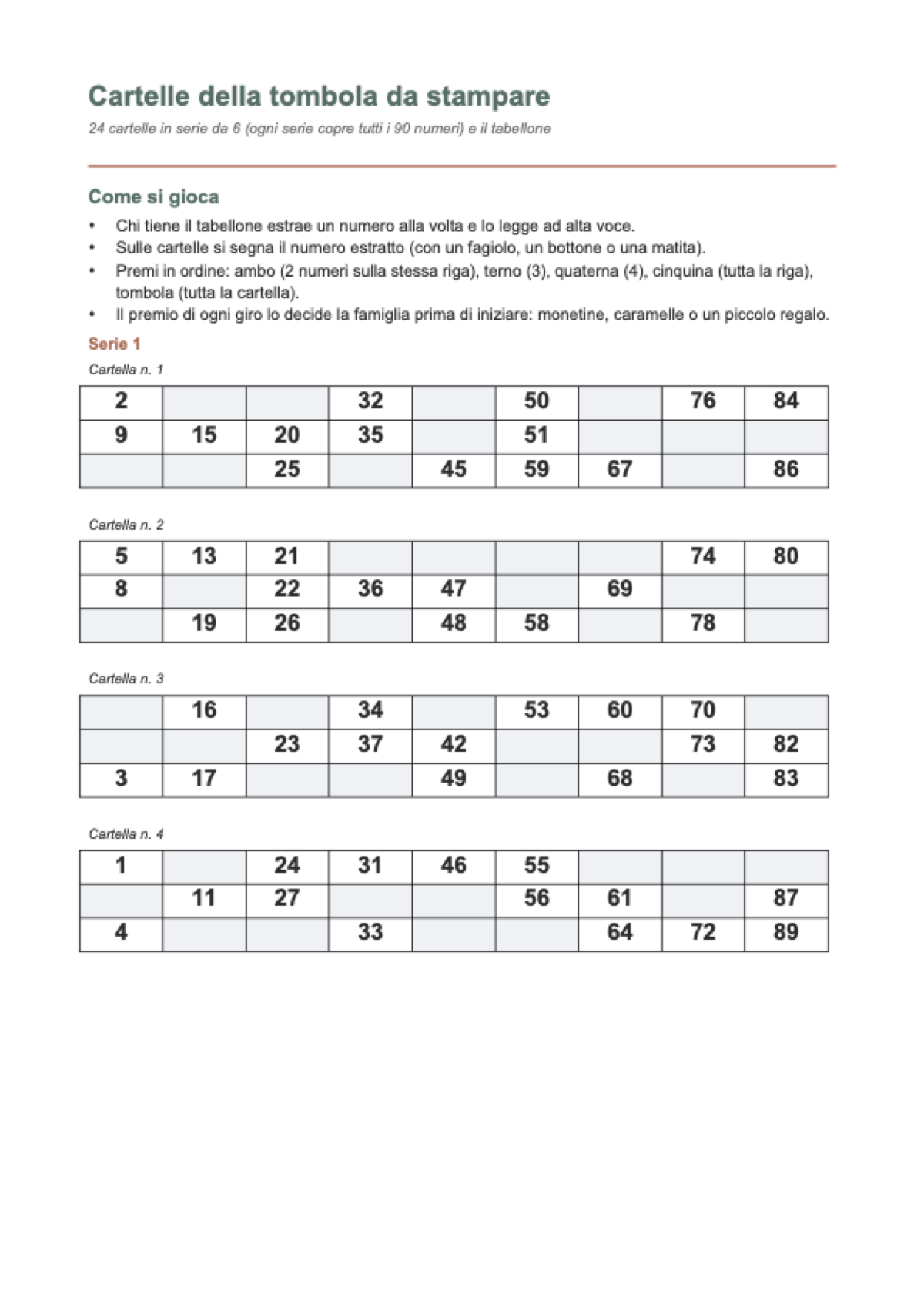 Cartelle della tombola da stampare: first page