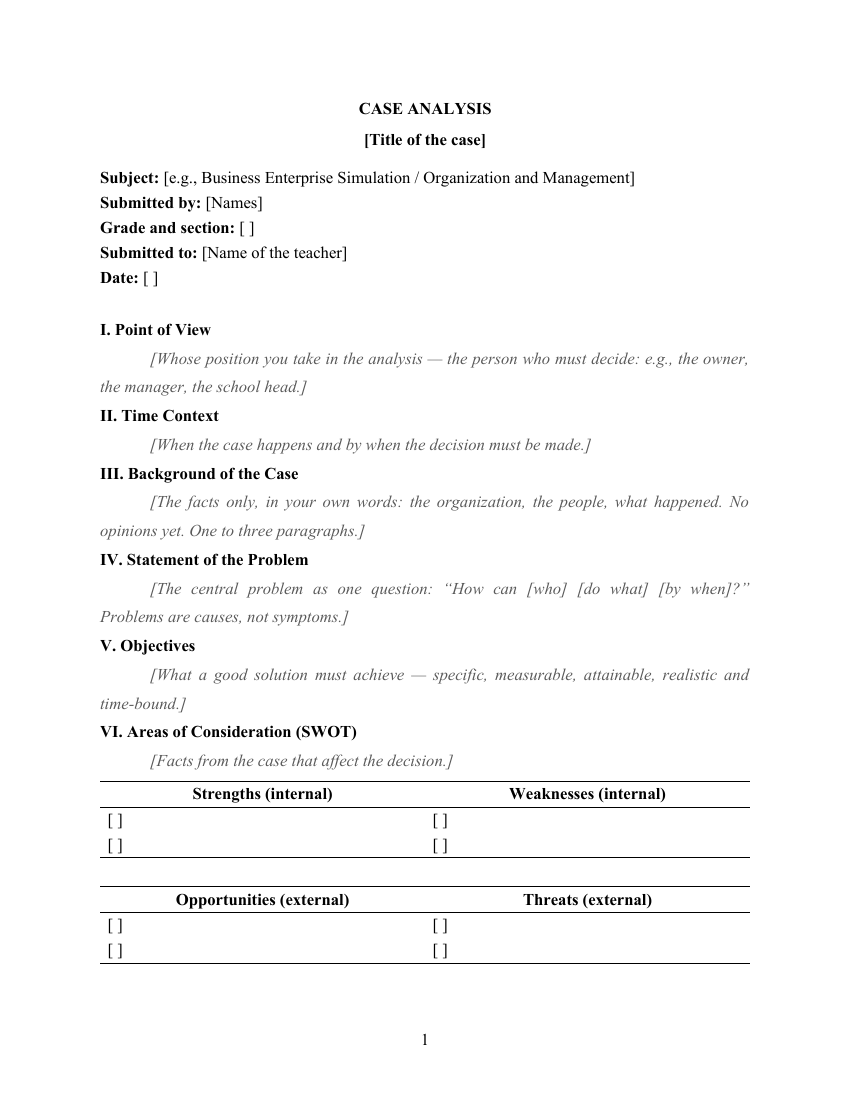 Case study template — case analysis: first page