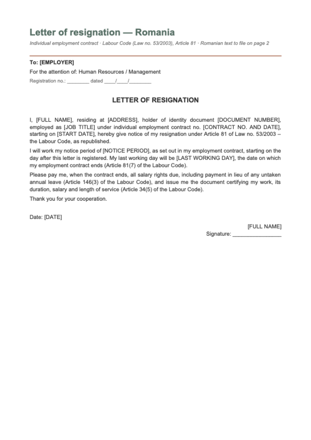 Resignation letter for Romania: first page