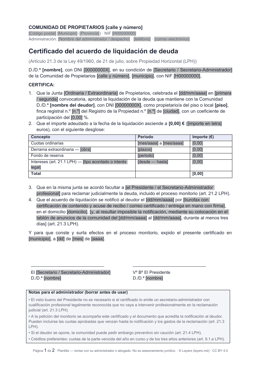 Certificado de deuda para el monitorio: primera página