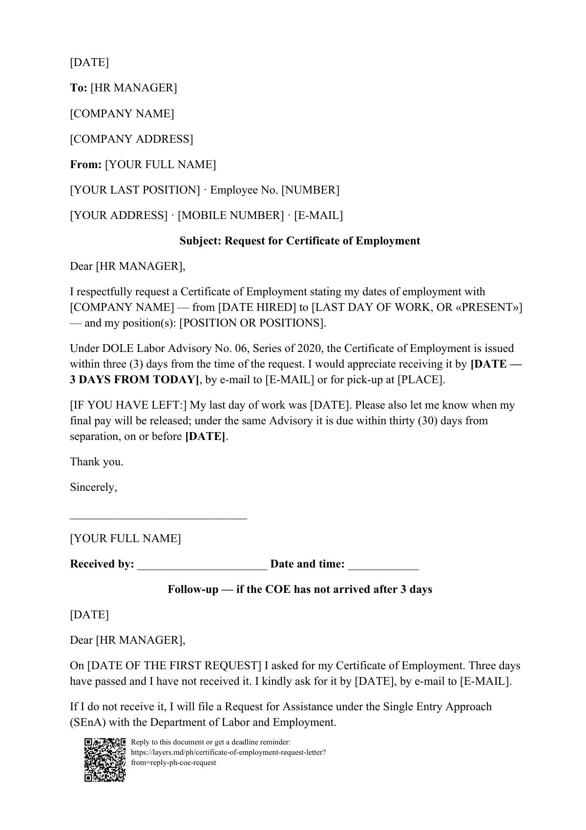 Certificate of Employment request letter: first page