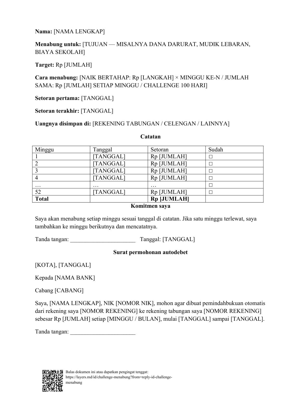 Challenge menabung 52 minggu: first page