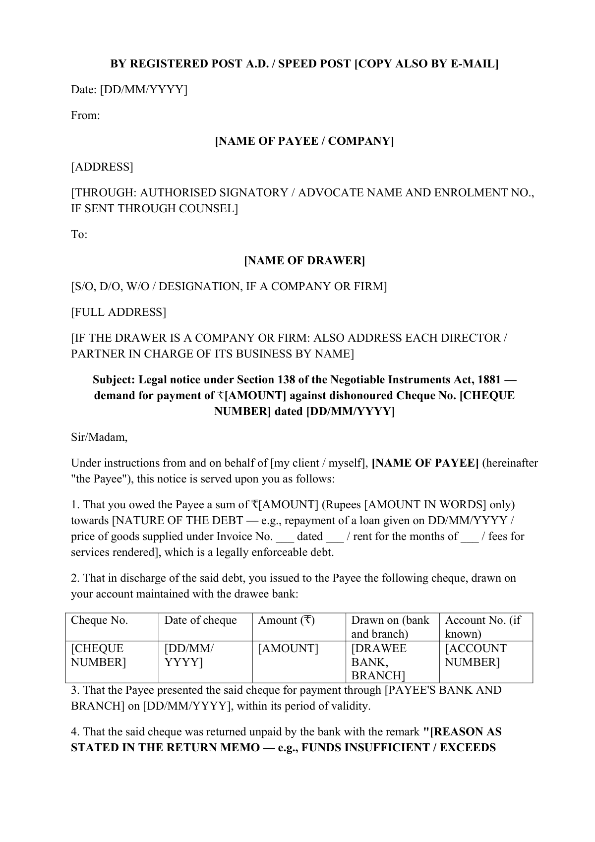 Cheque bounce legal notice: first page