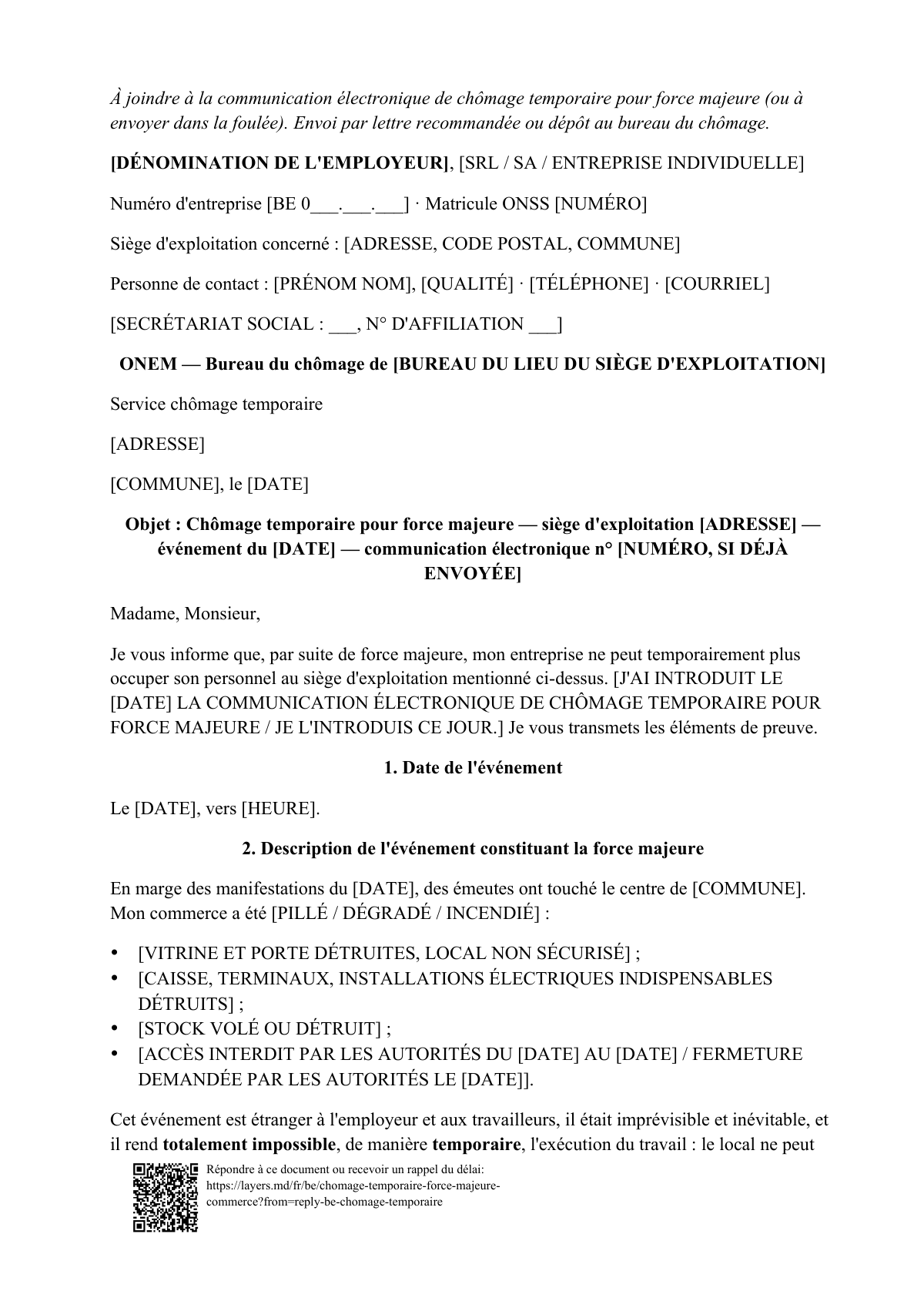 Chômage temporaire pour force majeure: first page