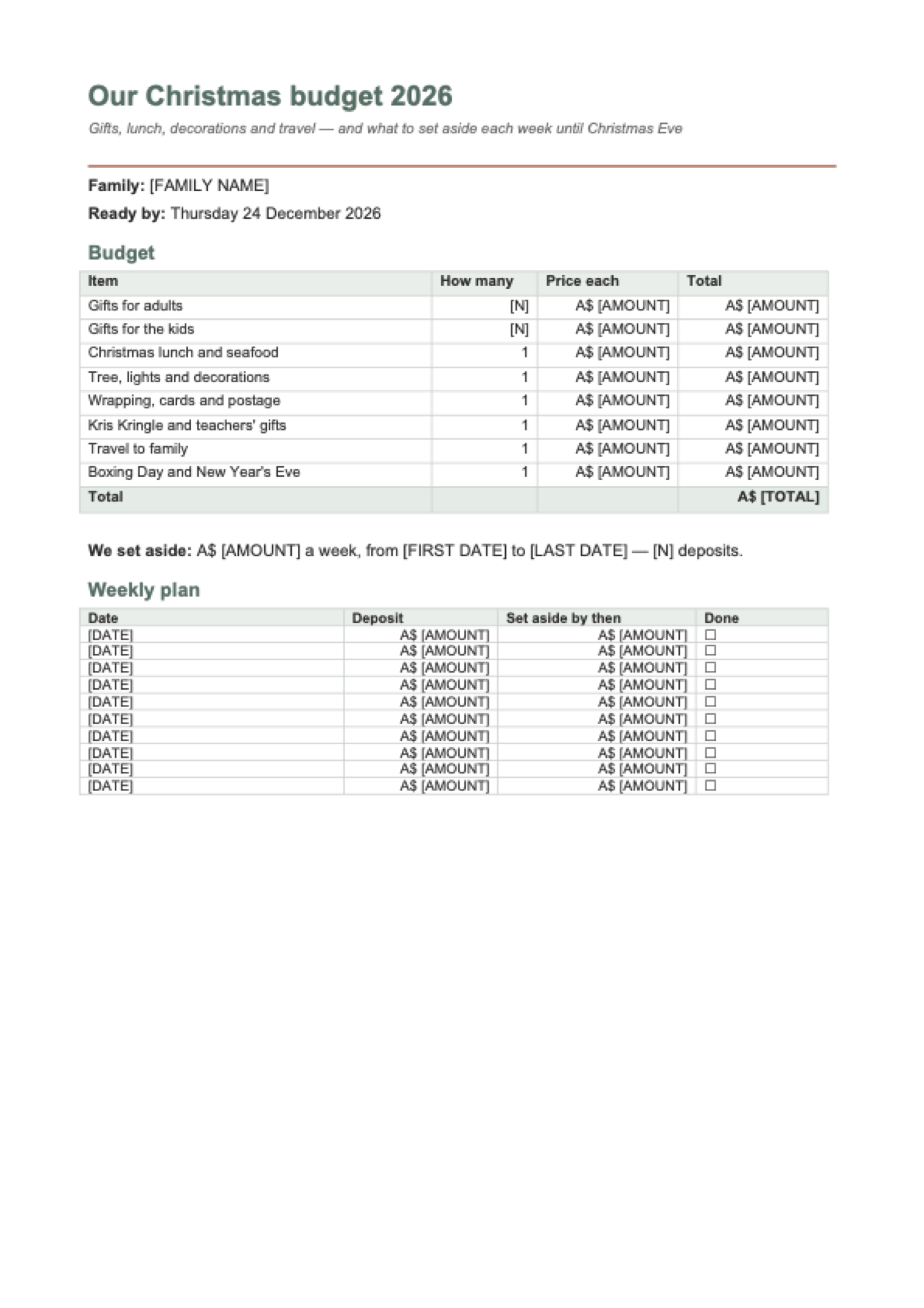 Christmas budget planner: first page