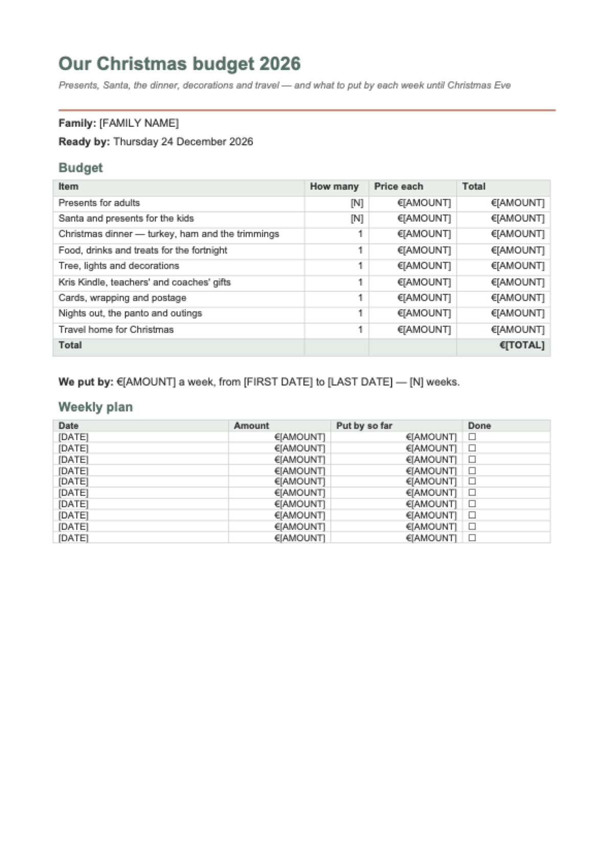 Christmas budget planner: first page