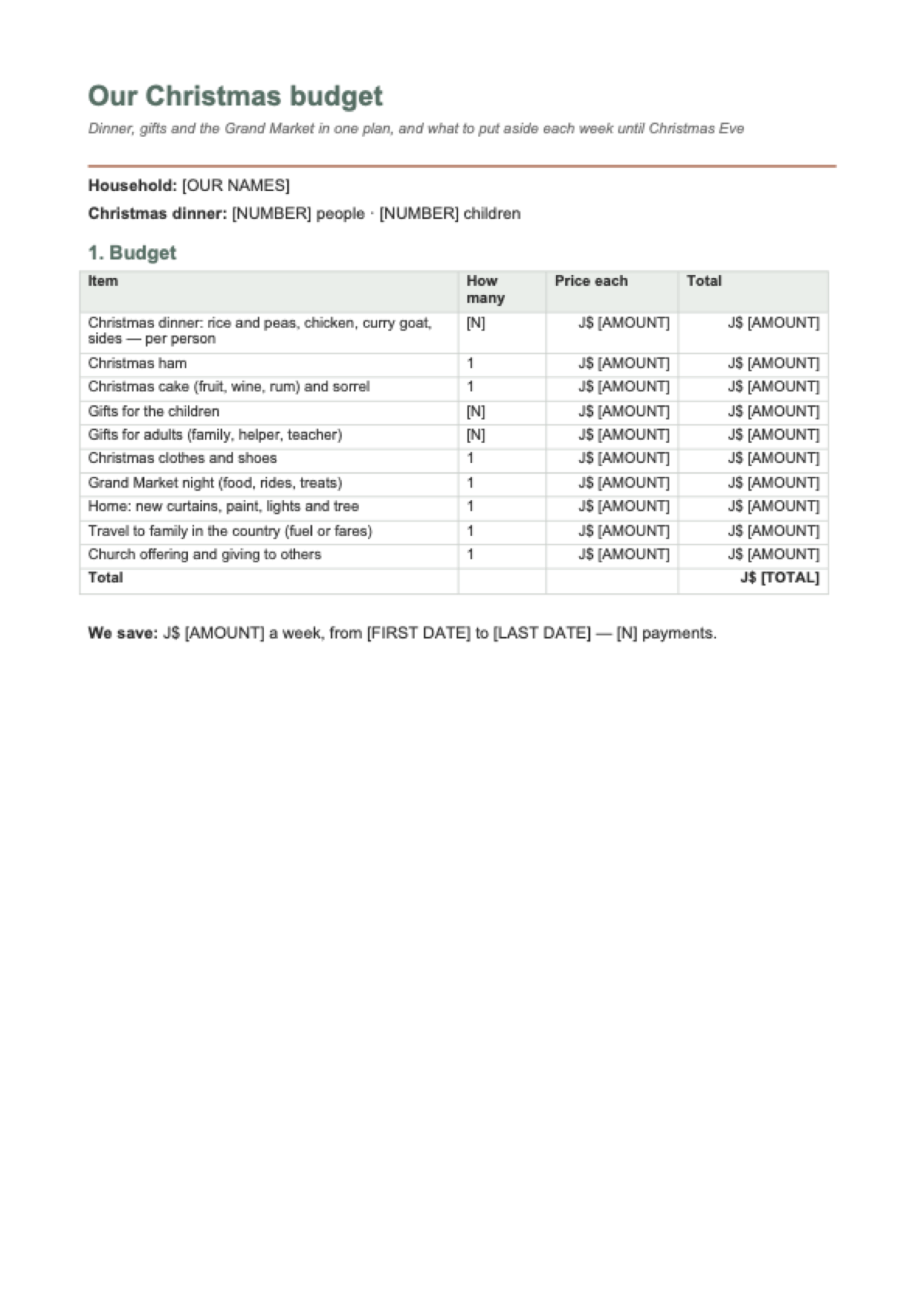 Christmas budget planner Jamaica: first page