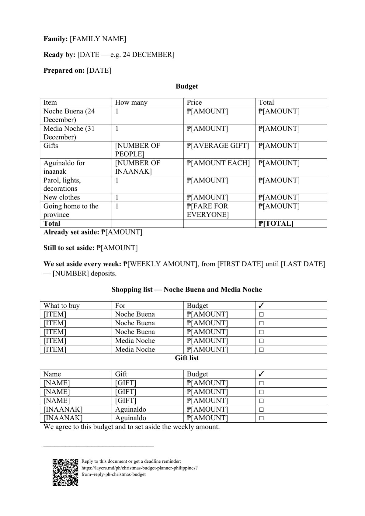 Christmas budget planner: first page