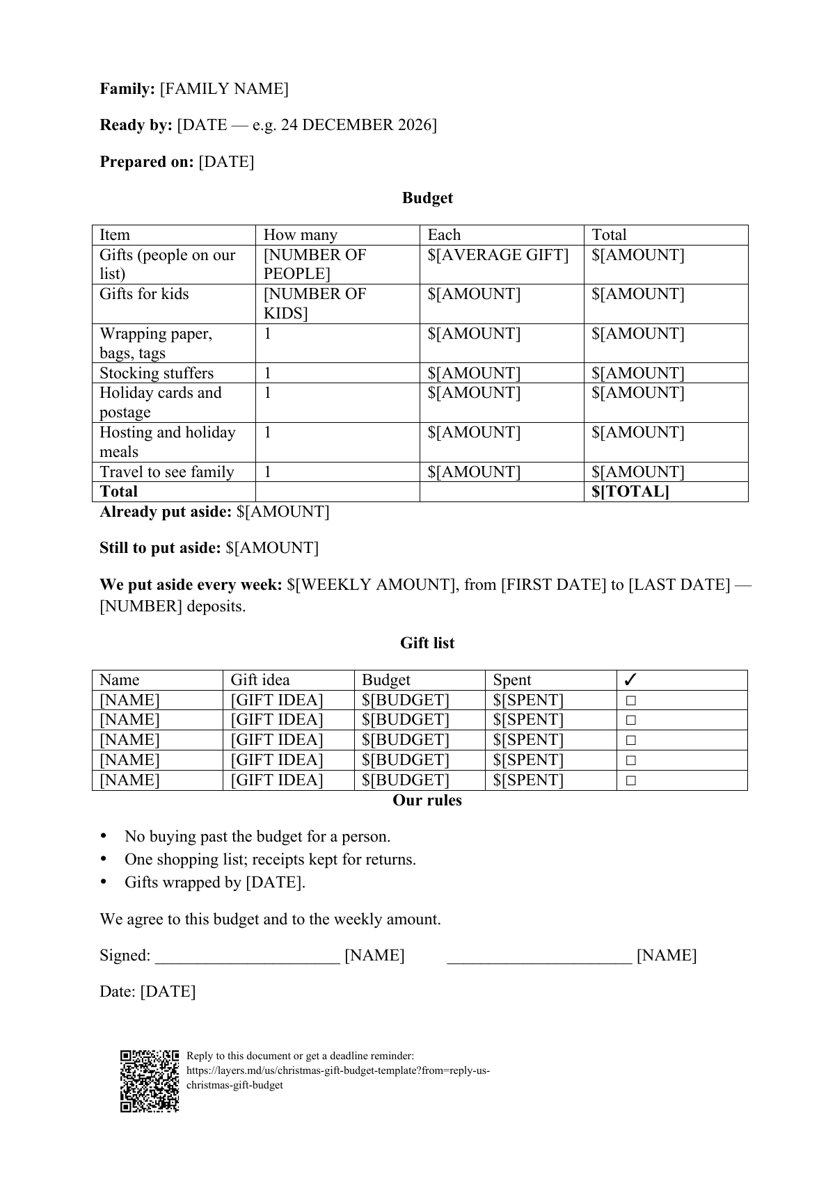 Christmas gift budget template: first page