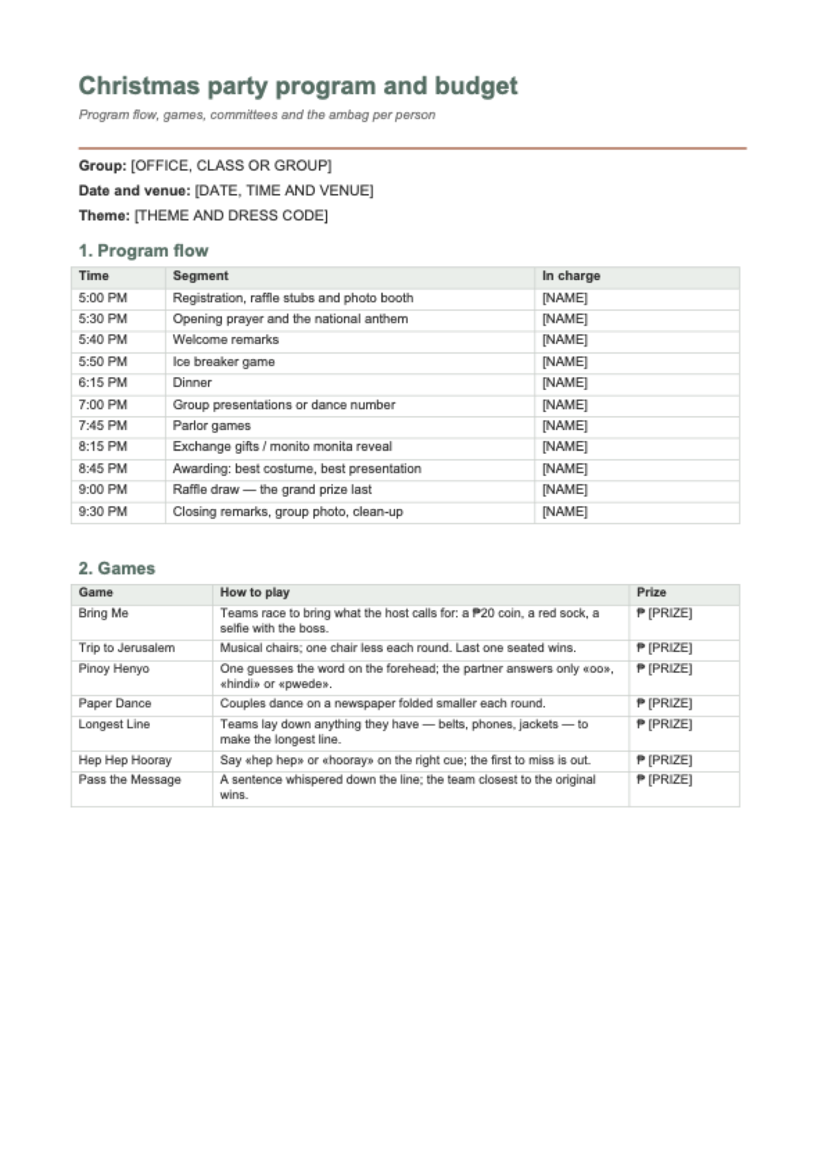 Christmas party program flow and budget: first page
